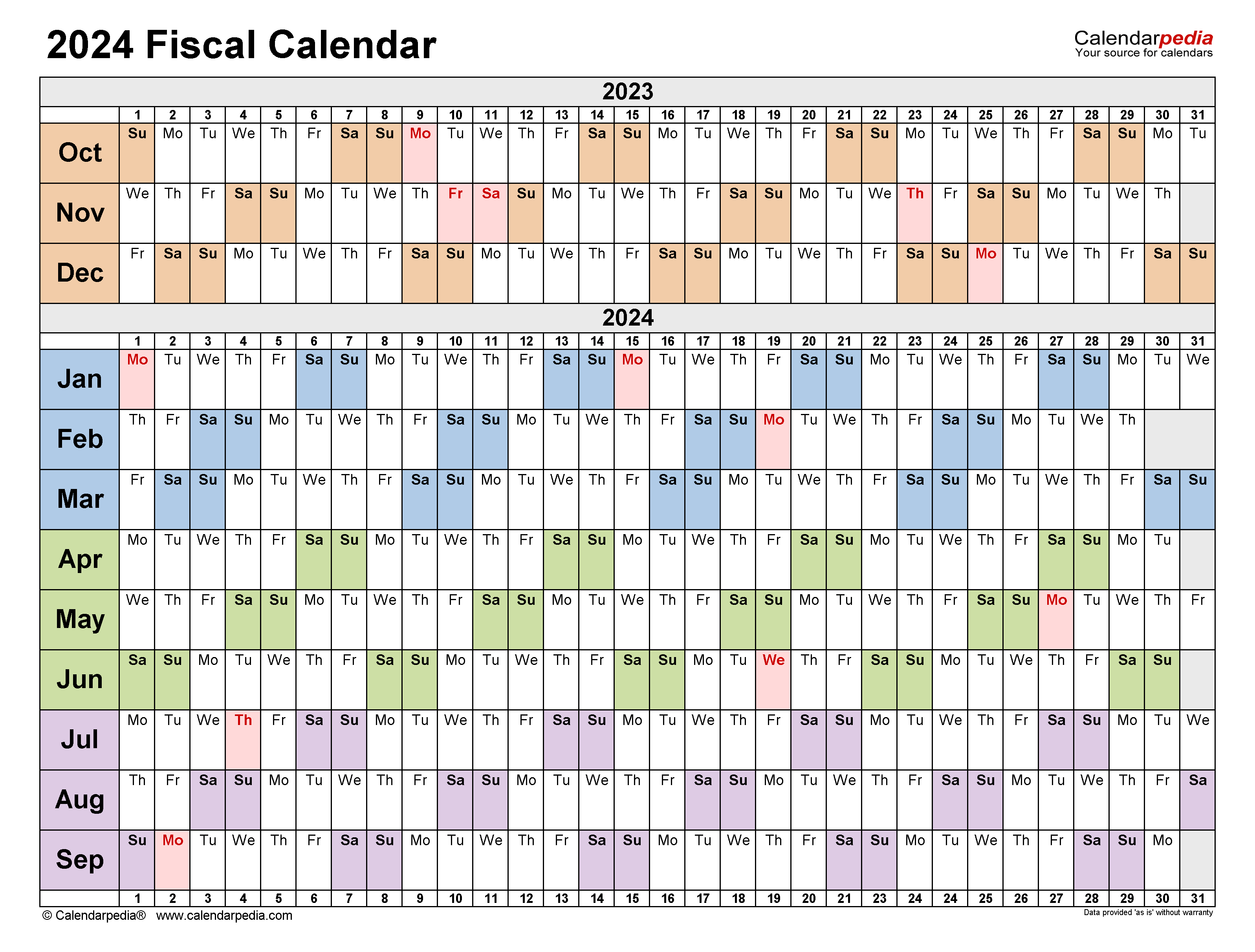 Fiscal Year 2024 Calendar - Free Printable 2024 Excel Calendar