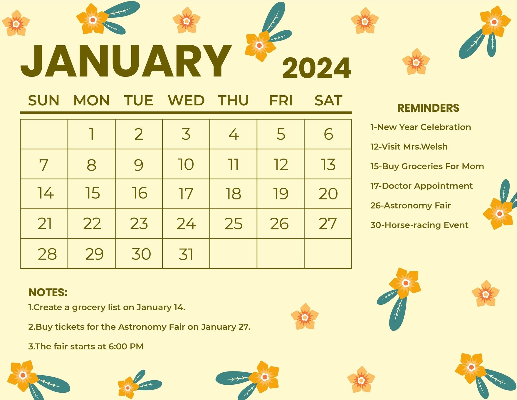 Floral 2024 Calendar January Edith Gwenore - Free Printable 2024 Floral Full Page Calendar