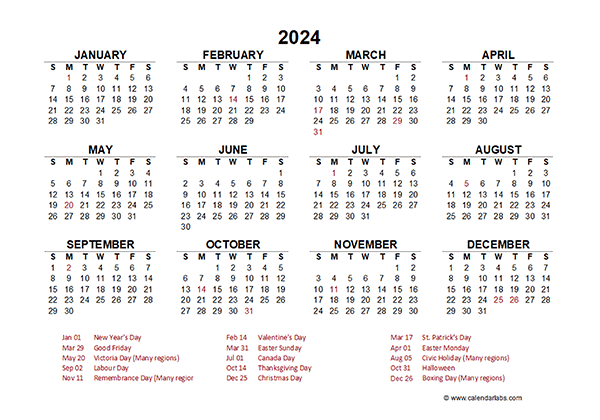 Free 2024 Calendar By Mail Canada Printable Holiday 2024 Calendar - Free Printable 2024 Canadian Calendar With Holidays