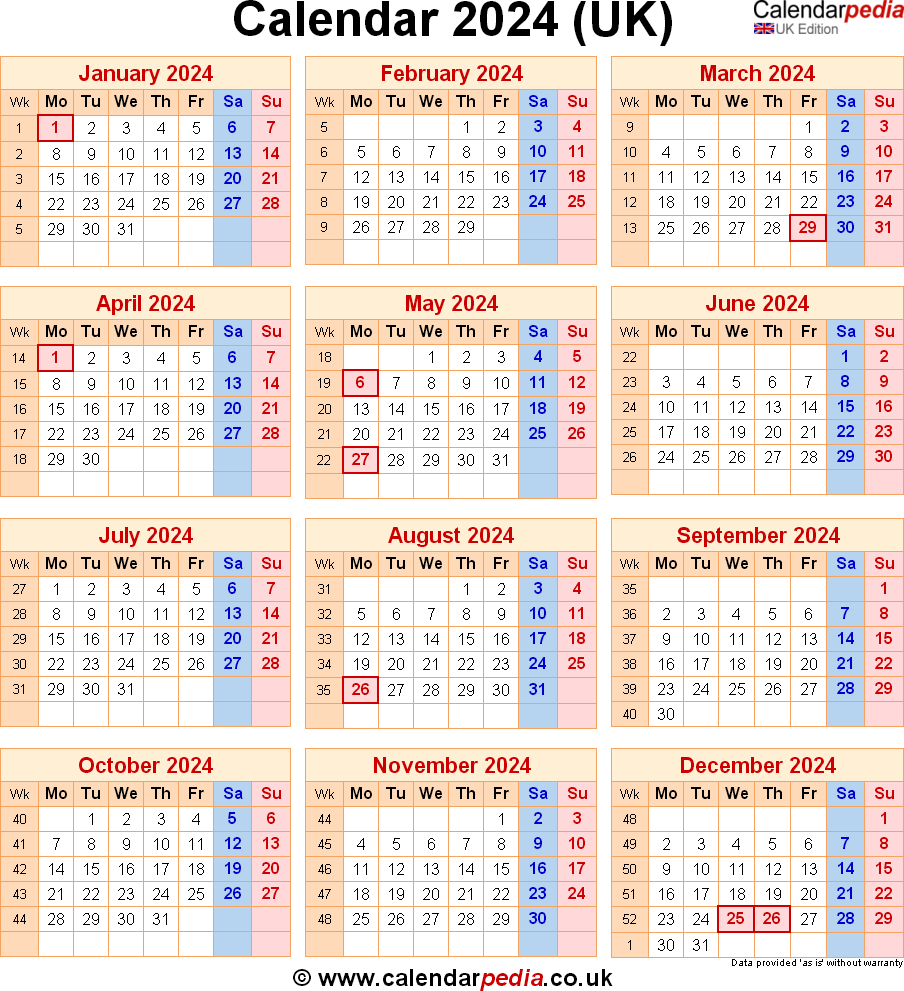 Free 2024 Calendar Printable | Free Printable 2024 Calendar With UK Bank Holidays