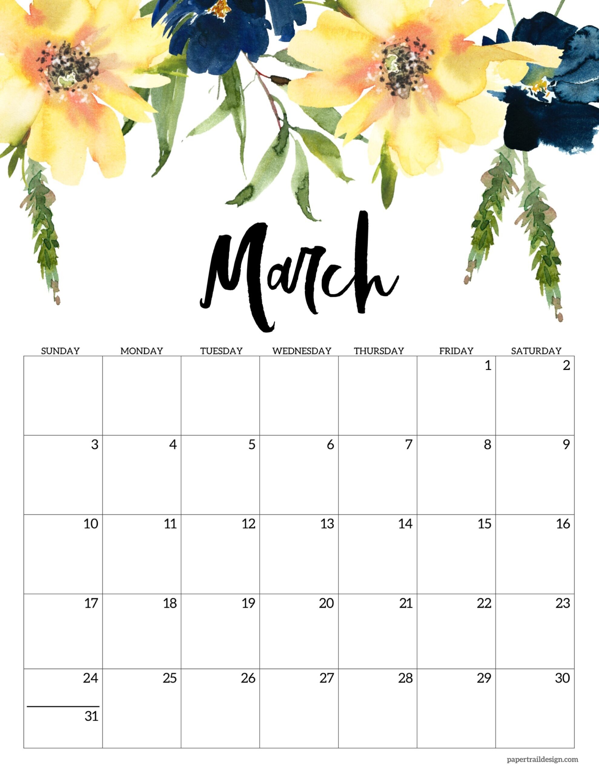 Free 2024 Calendar Printable – Floral - Paper Trail Design with Free Printable Calendar 2024 Paper Trail Design
