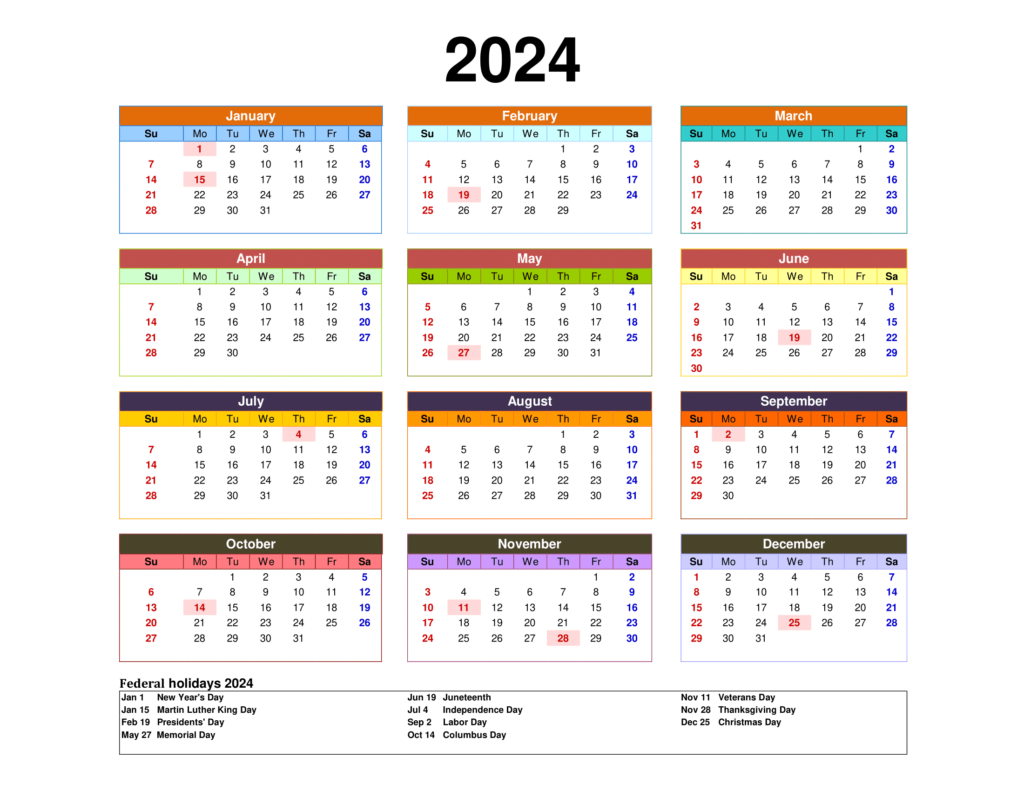Free 2024 Calendar Printable Pdf With Holidays Templates in Free Printable Calendar 2024 Customizable