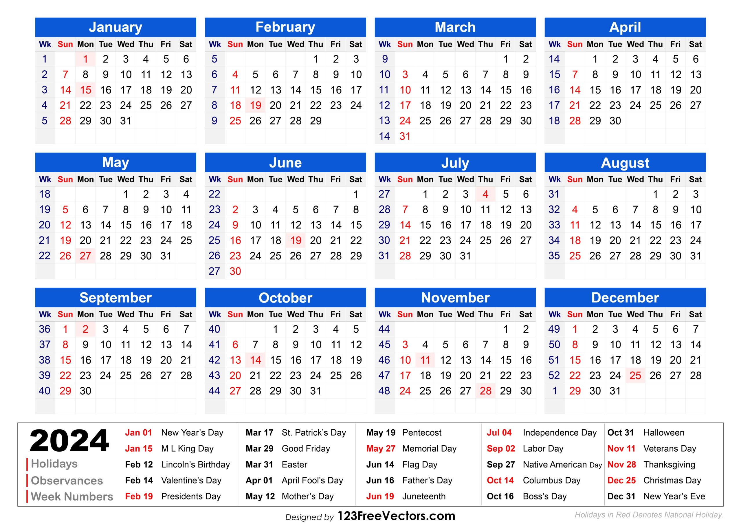 Free 2024 Holiday Calendar With Week Numbers Printable with regard to Free Printable Calendar 2024 Trinidad