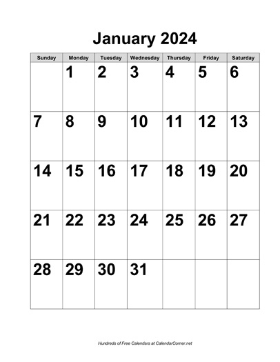 Free 2024 Large Number Calendar | Free Printable 2024 Calendar Bold Big Number