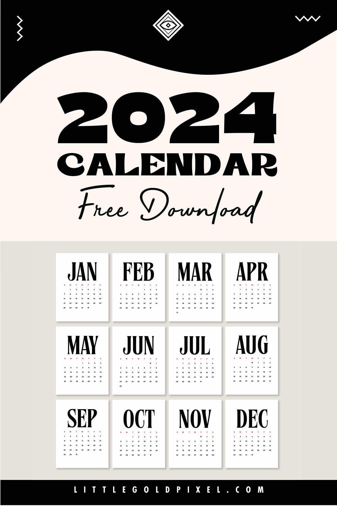 Free 2024 Minimalist Calendar Printable • Little Gold Pixel intended for Free Printable Calendar 2024 Bookmark