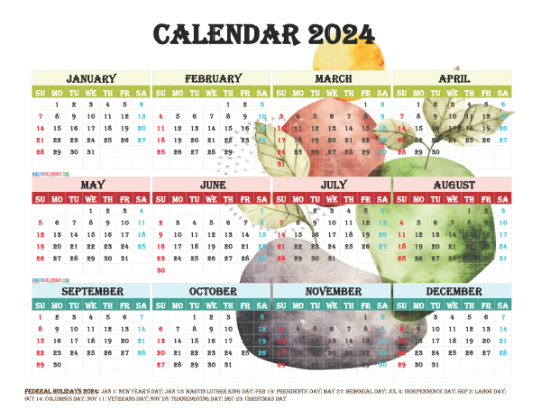 Free 2024 Printable Yearly Calendar With Holidays 12 Templates Watercolor - Free Printable 2024 Calendar Watercolor