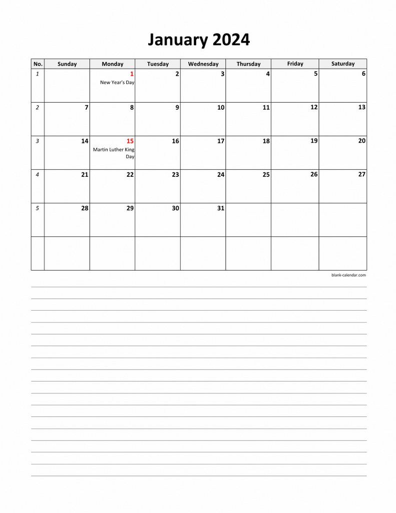 Free Download 2024 Excel Calendar, Large Day Boxes, Space For inside Free Printable Calendar 2024 With Room For Notes