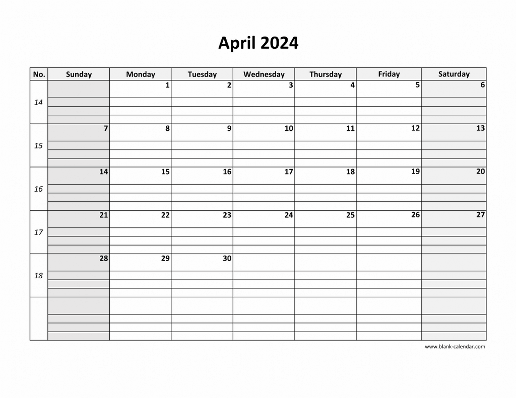Free Download Printable April 2024 Calendar, Large Box Grid, Space for Free Printable April 2024 Calendar Large Boxes
