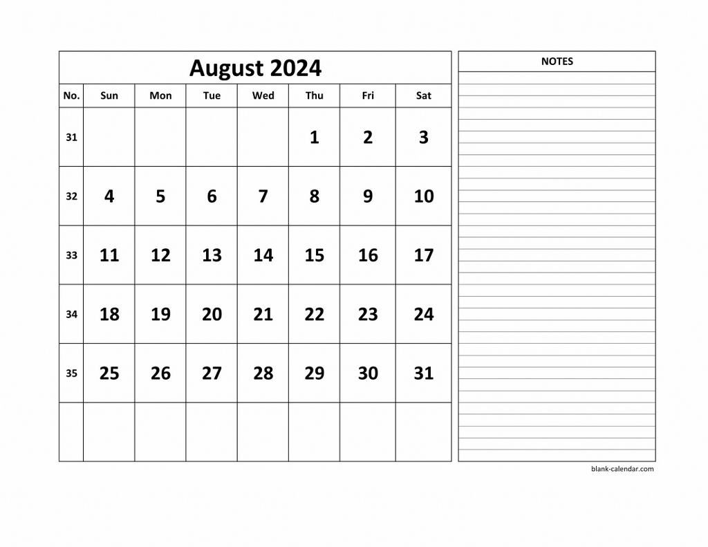 Free Download Printable August 2024 Calendar, Large Space For inside Free Printable August 2024 Calendar With Notes