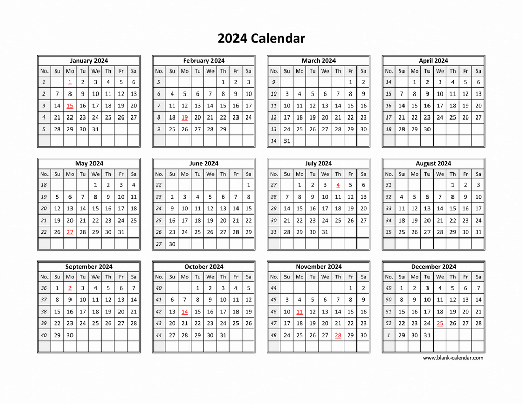 Free Download Printable Calendar 2024 In One Page, Clean Design. intended for Free Printable Calendar 2024 One Page