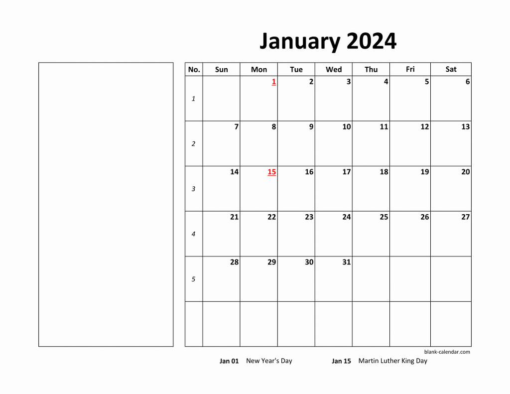 Free Download Printable Calendar 2024, Large Box, Holidays Listed for Free Printable Calendar 2024 Year With Notes Section