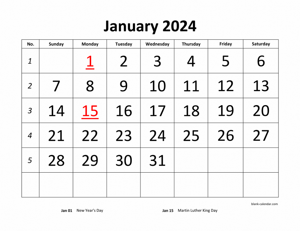 Free Download Printable Calendar 2024, Large Font Design in Free Printable Big Bold Year 2024 Calendar