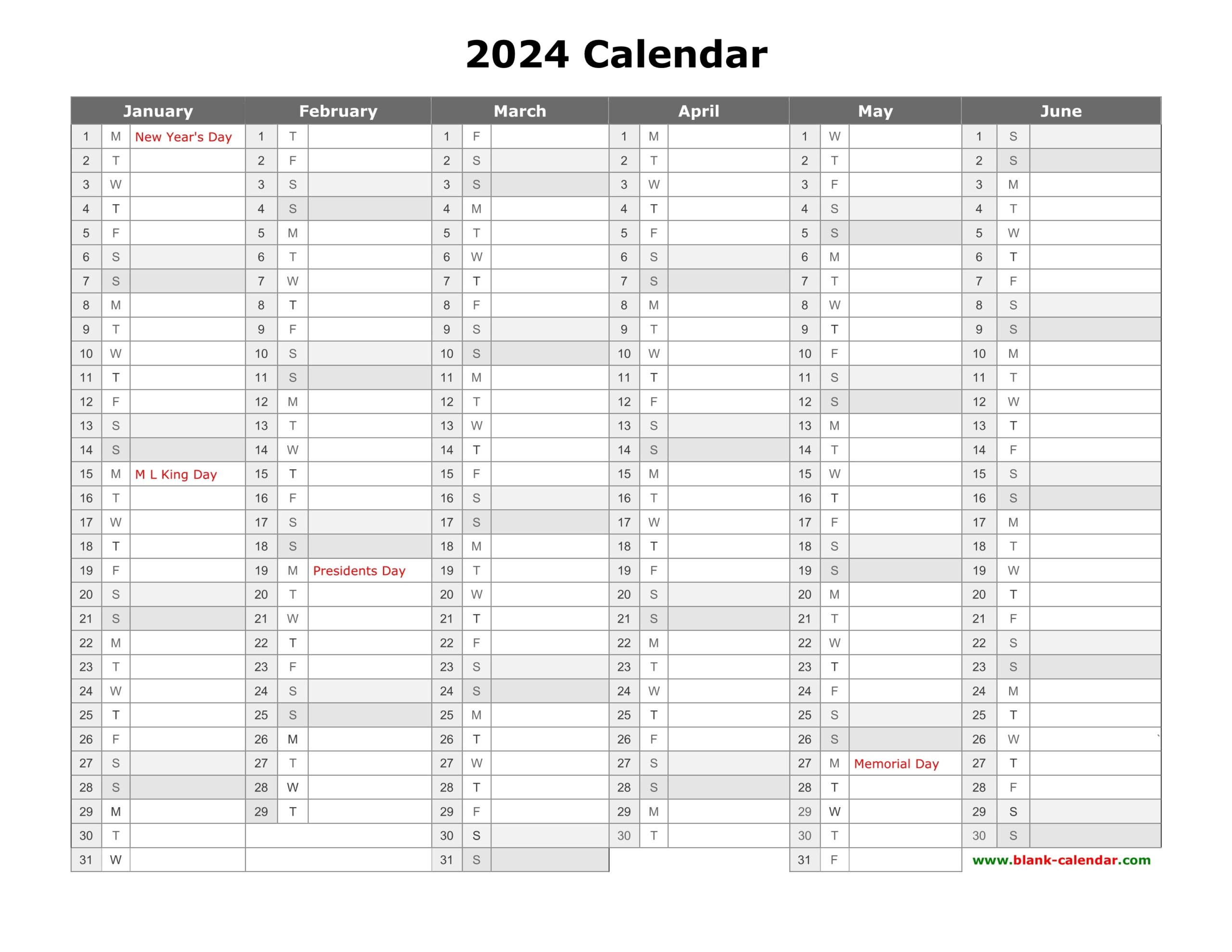 Free Download Printable Calendar 2024 Month In A Column Half A Year - Free Printable 2024 Half Size Calendar