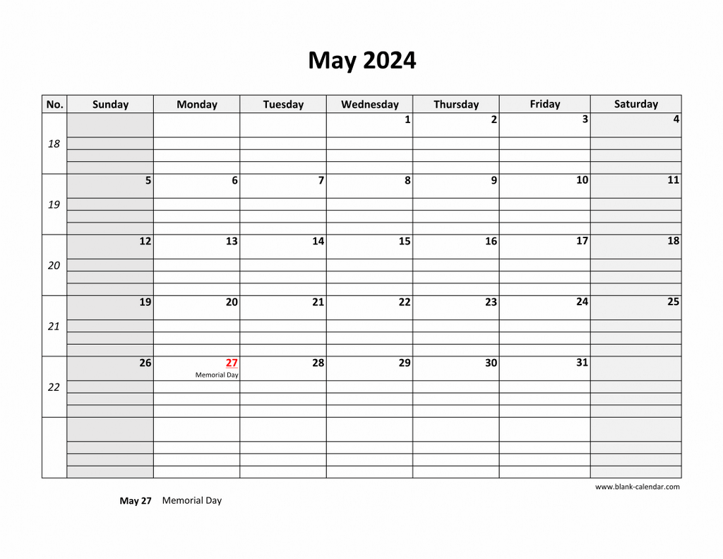 Free Download Printable May 2024 Calendar, Large Box Grid, Space for Free Printable Big Grid May 2024 Calendar