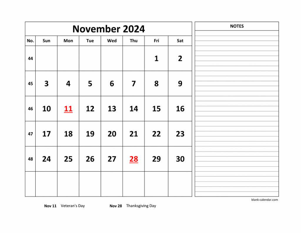 Free Download Printable November 2024 Calendar, Large Space For in Free Printable Appointment Calendar November 2024