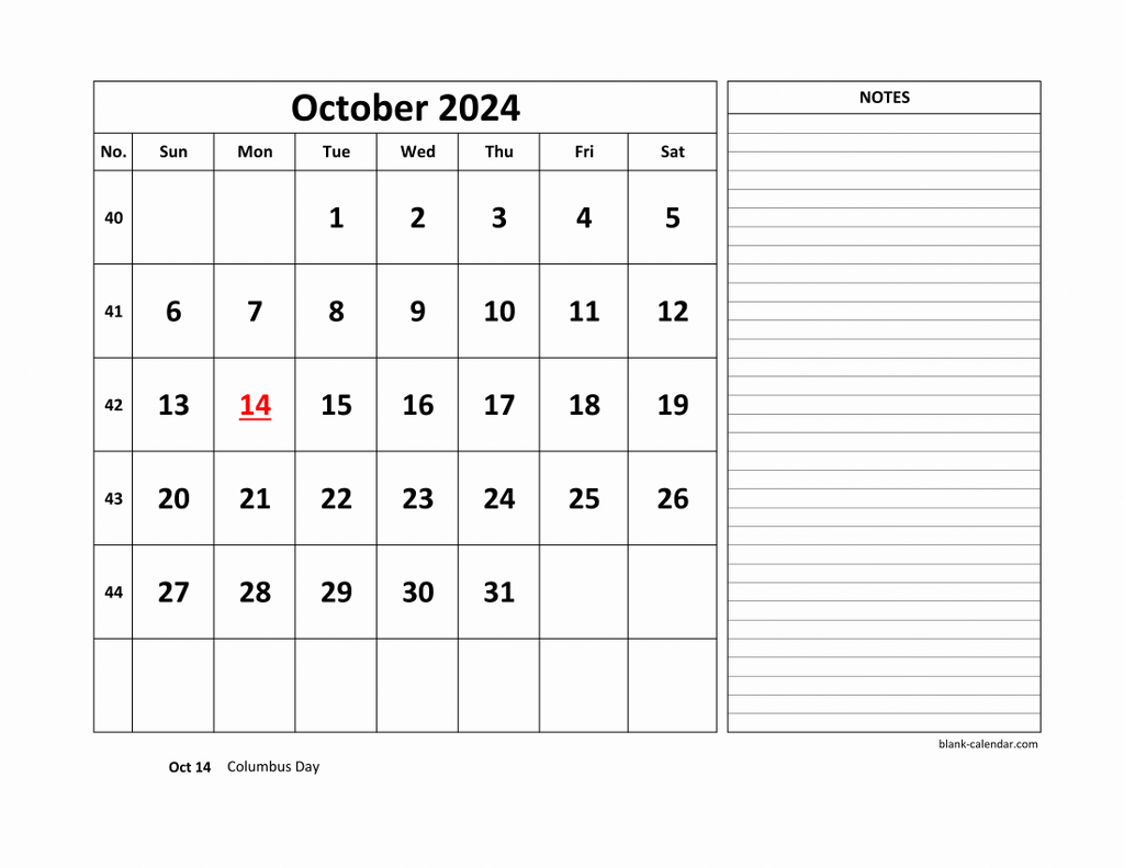Free Download Printable October 2024 Calendar, Large Space For in Free Printable Calendar 2024 With Room For Notes