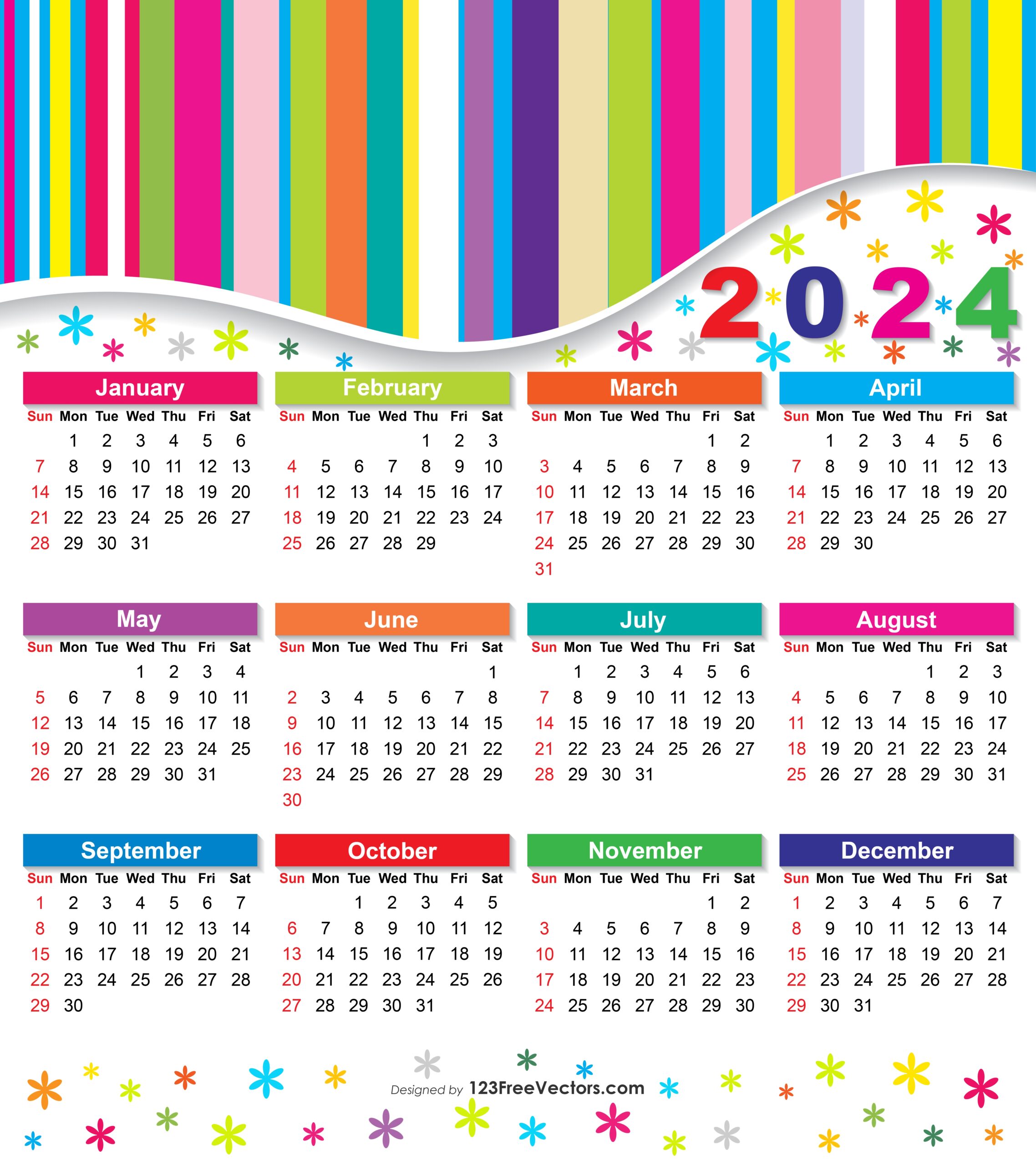 Free Free 2024 Colorful Calendar for Free Printable Calendar 2024 Colorful