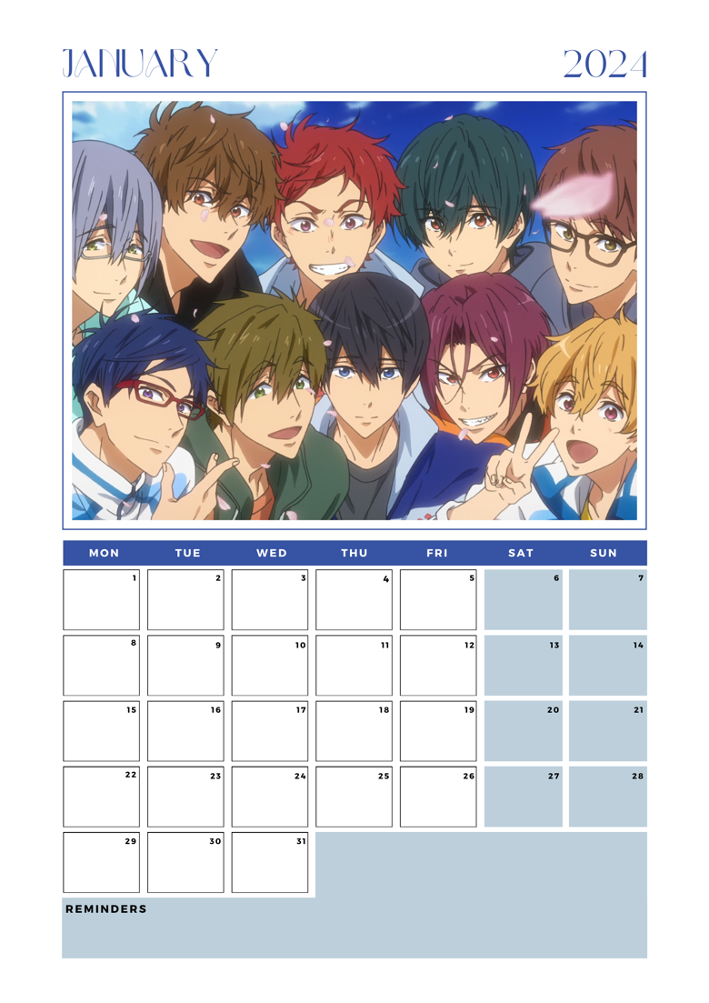 Free! Iwatobi Swim Club Anime Simple 2024 Calendar for Free Printable Anime Calendar 2024