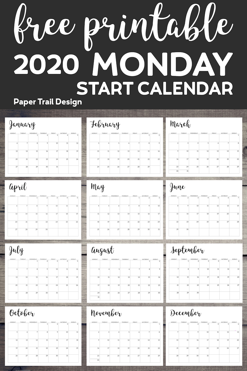 Free Printable 2020 Calendar - Monday Start - Paper Trail Design intended for Free Printable Calendar 2024 Paper Trail Design