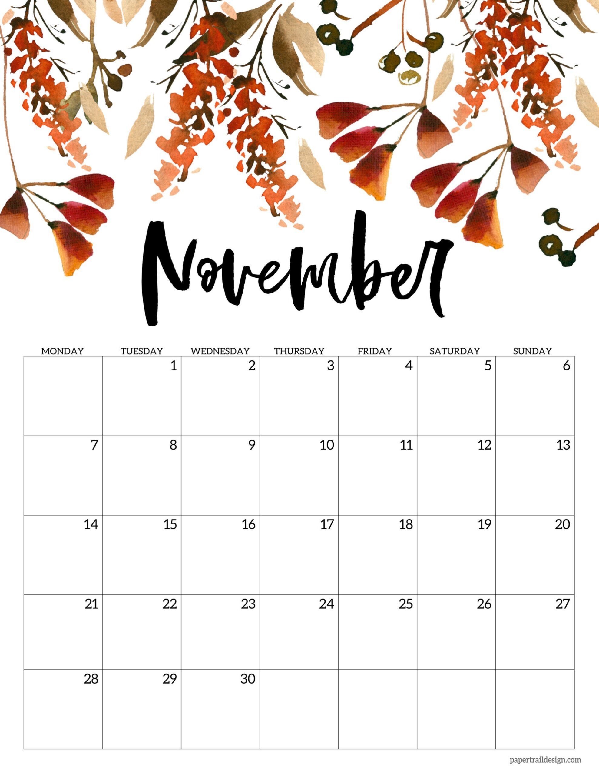 Free Printable 2022 Floral Calendar Monday Start Paper Trail Design - Free Printable 2024 Noveber Calendar 8by10