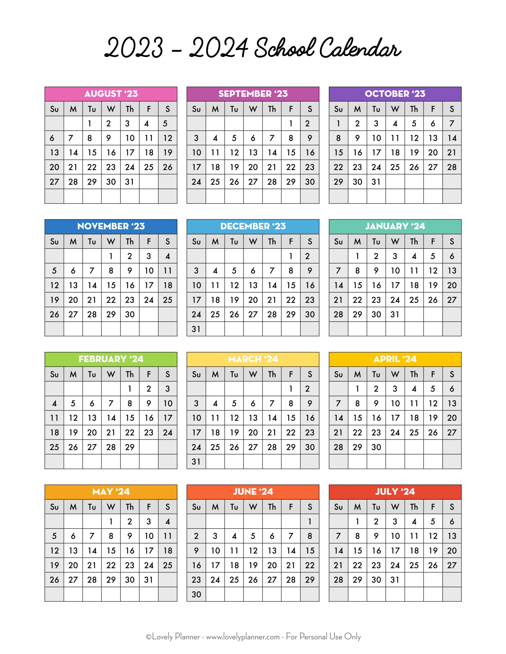 Free Printable 2023-2024 School Calendar - One Page Academic throughout Free Printable Calendar 2024 For Teachers