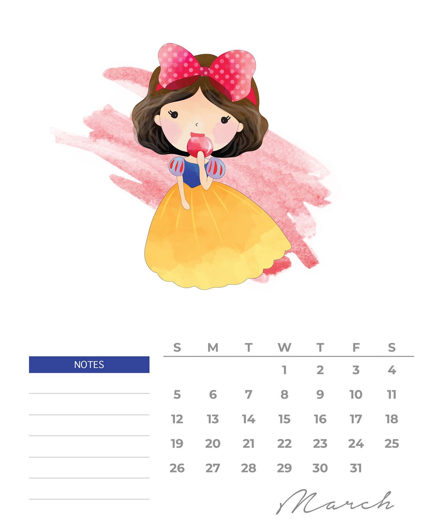 Free Printable 2023 Watercolor Princess Calendar - The Cottage Market with regard to Free Printable Calendar 2024 Watercolor Princes