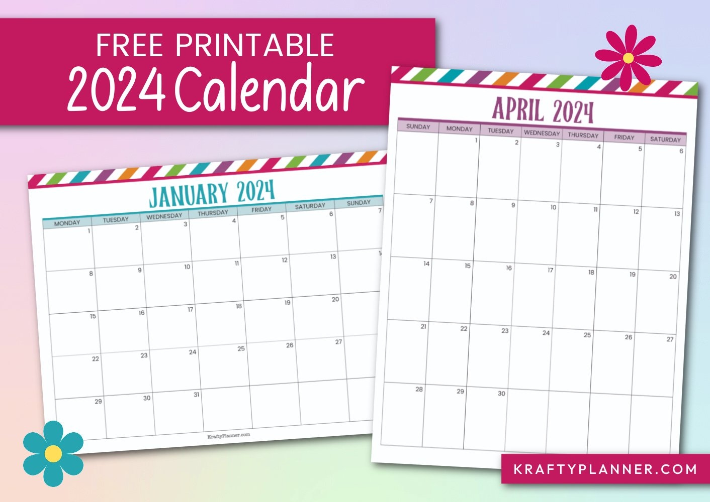 Free Printable 2024 Calendar — Krafty Planner intended for Free Printable Calendar 2024 Print Free