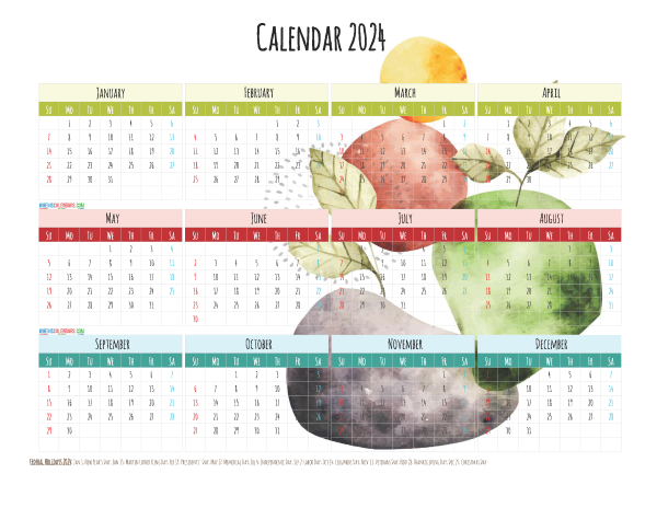 Free Printable 2024 Calendar With Holidays 12 Templates Watercolor