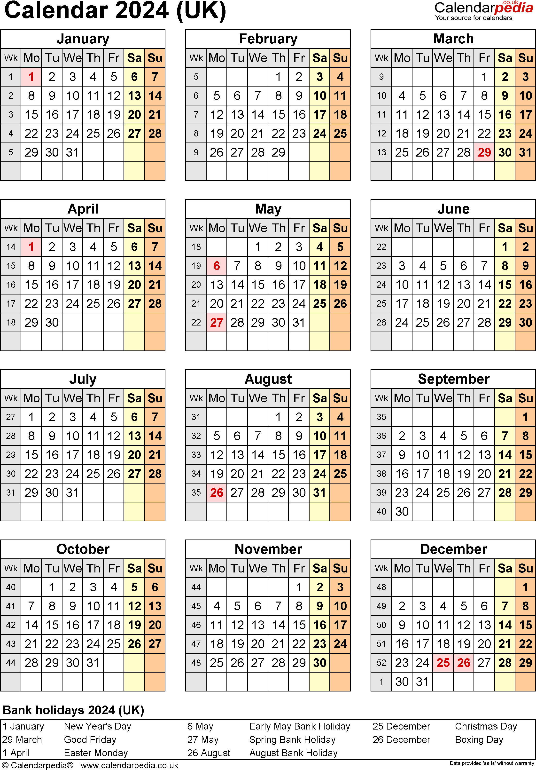 Free Printable 2024 Calendar With Holidays Free Printable Yearly - Free Printable 2024 Calendar By Month Free Download