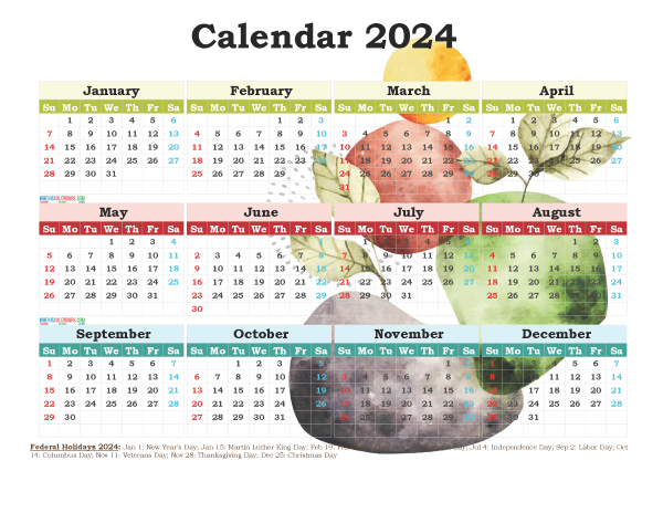 Free Printable 2024 Calendar With Holidays PDF 12 Templates Watercolor - Free Printable 2024 Calendar With Holidays Pdf