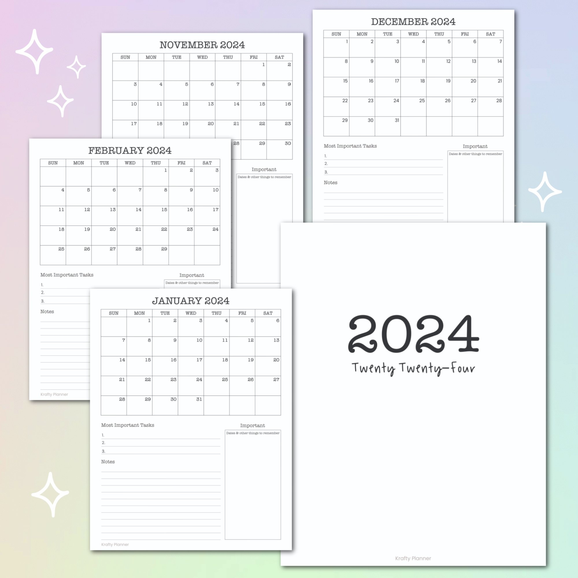 Free Printable 2024 Calendar With Notes And Task List — Krafty Planner in Free Printable Calendar 2024 A5