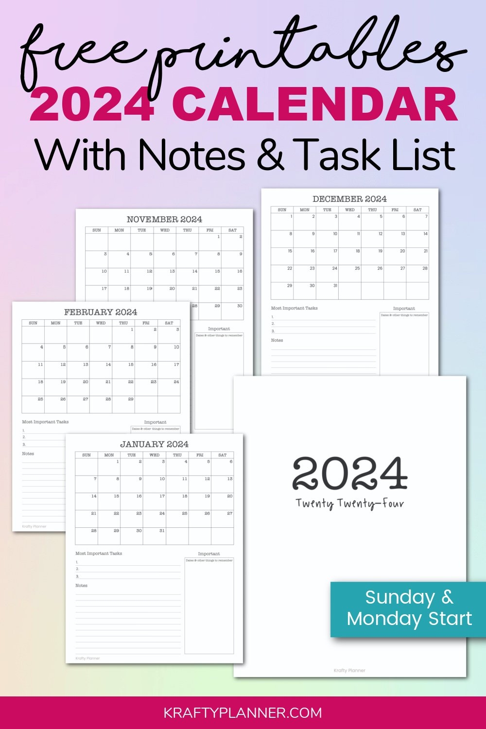 Free Printable 2024 Calendar With Notes And Task List — Krafty Planner throughout Free Printable Calendar 2024 Task By Month