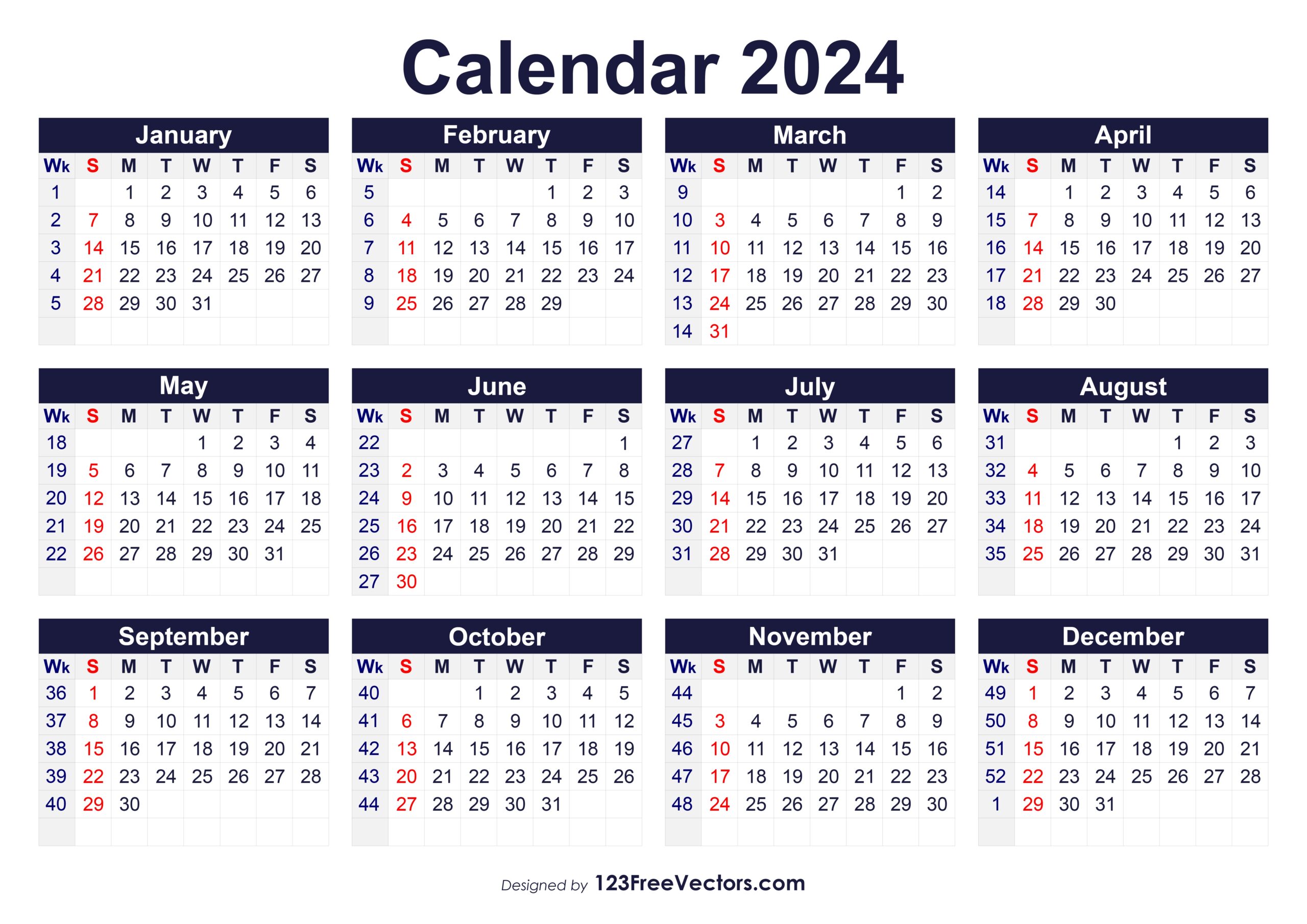 Free Printable 2024 Calendar With Week Numbers with regard to Free Printable Calendar 2024 With Week Numbers