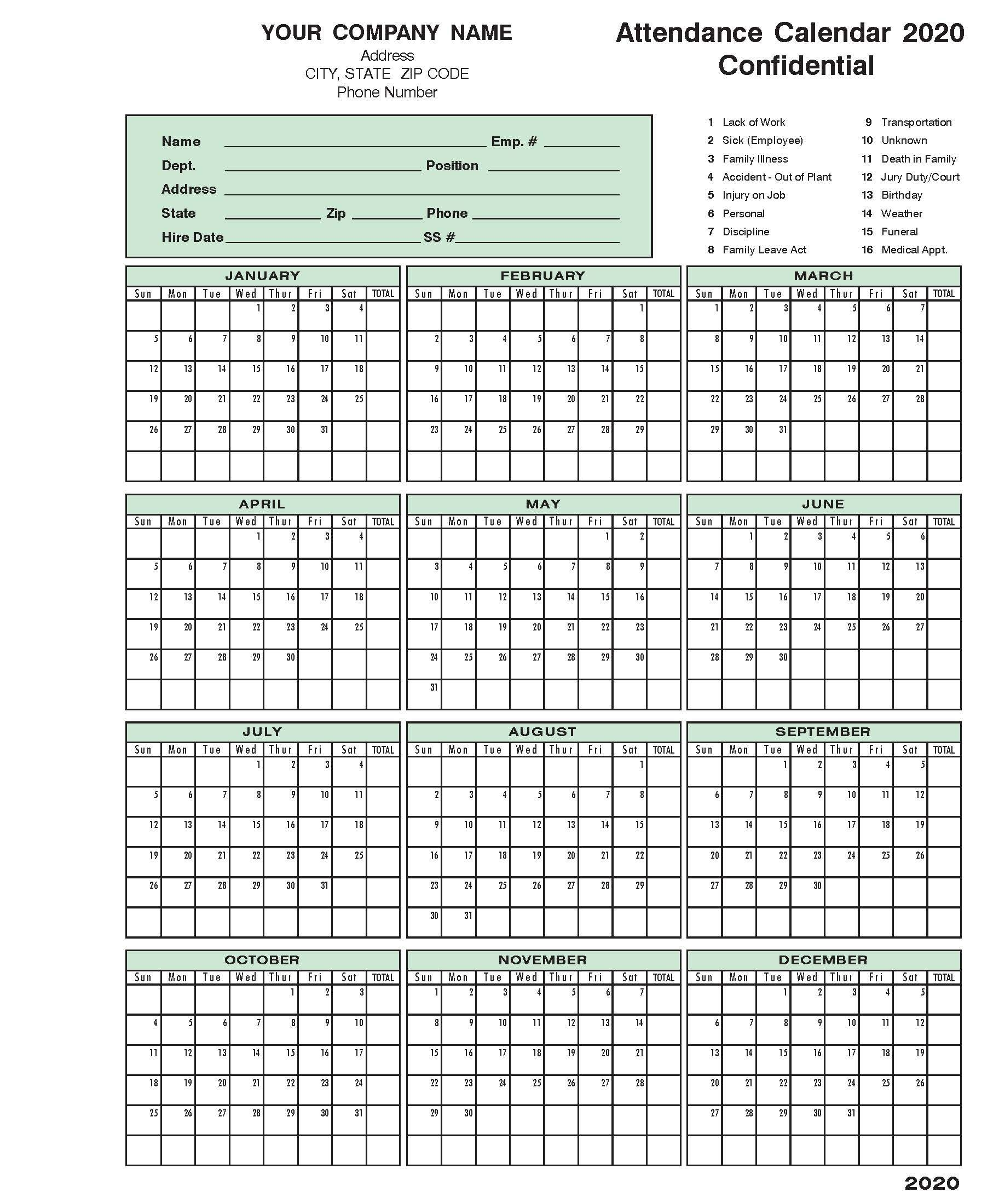 Free Printable 2024 Employee Attendance Calendar Pdf Free Download Word - Free Printable 2024 Attendance Calendar With Holidays