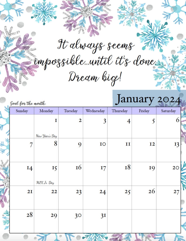 Free Printable 2024 Monthly Motivational Calendars with Free Printable Calendar 2024 January Purple