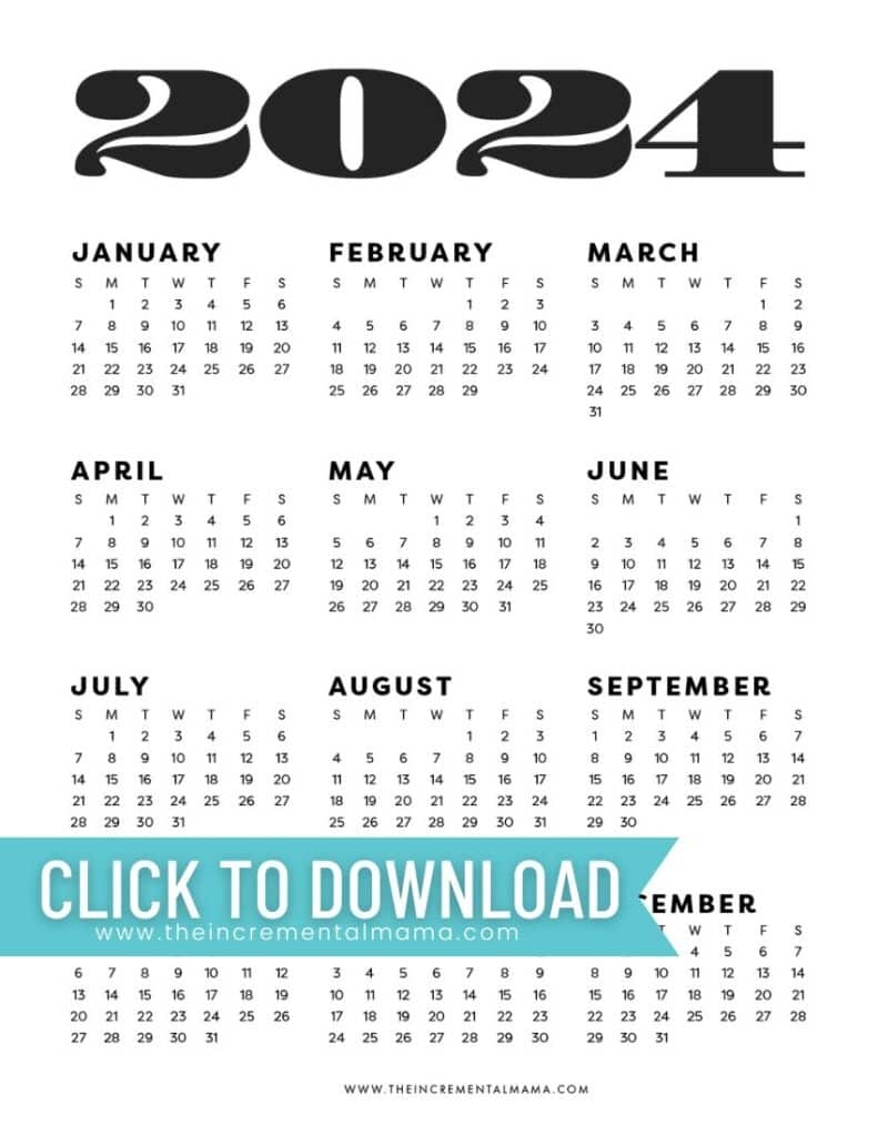 Free Printable 2024 One-Page Yearly Calendars (9 Templates) with Free Printable Big Bold 2024 Calendar