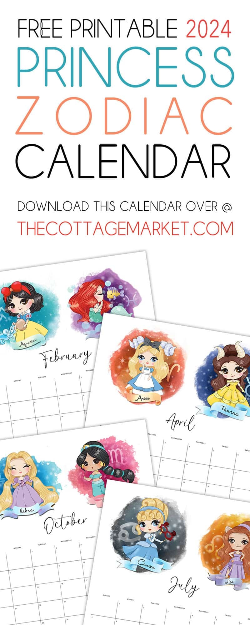 Free Printable 2024 Princess Zodiac Calendar - The Cottage Market intended for Free Printable Calendar 2024 Disney