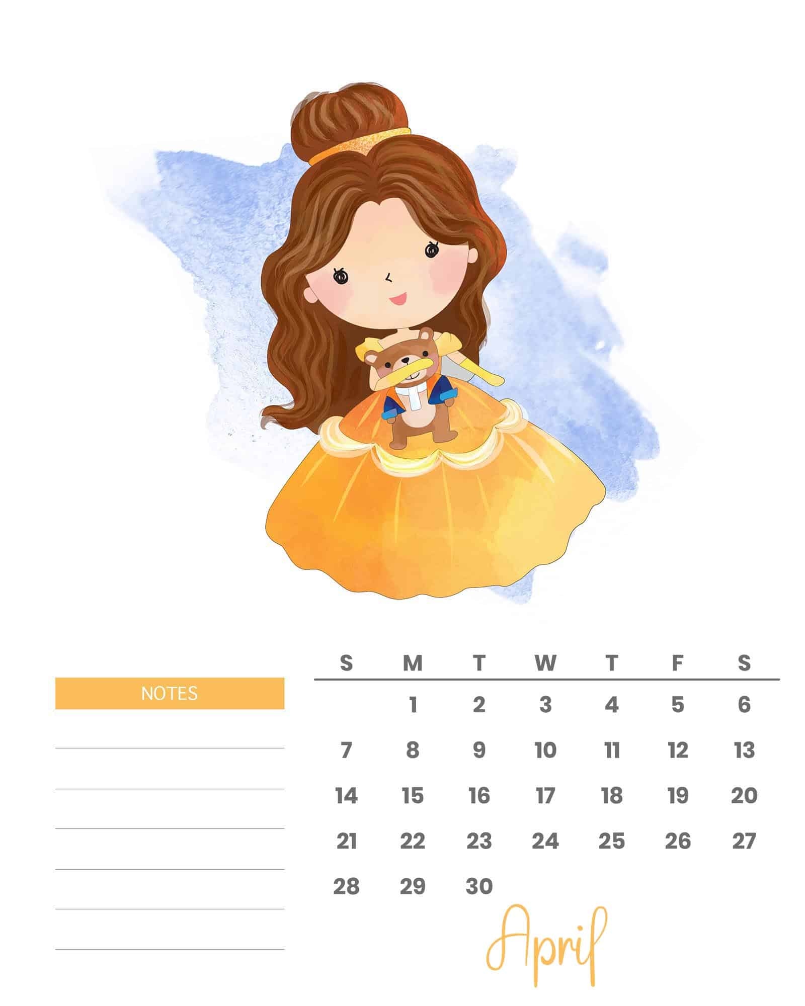 Free Printable 2024 Watercolor Princess Calendar - The Cottage Market with regard to Free Printable Calendar 2024 Watercolor Princes