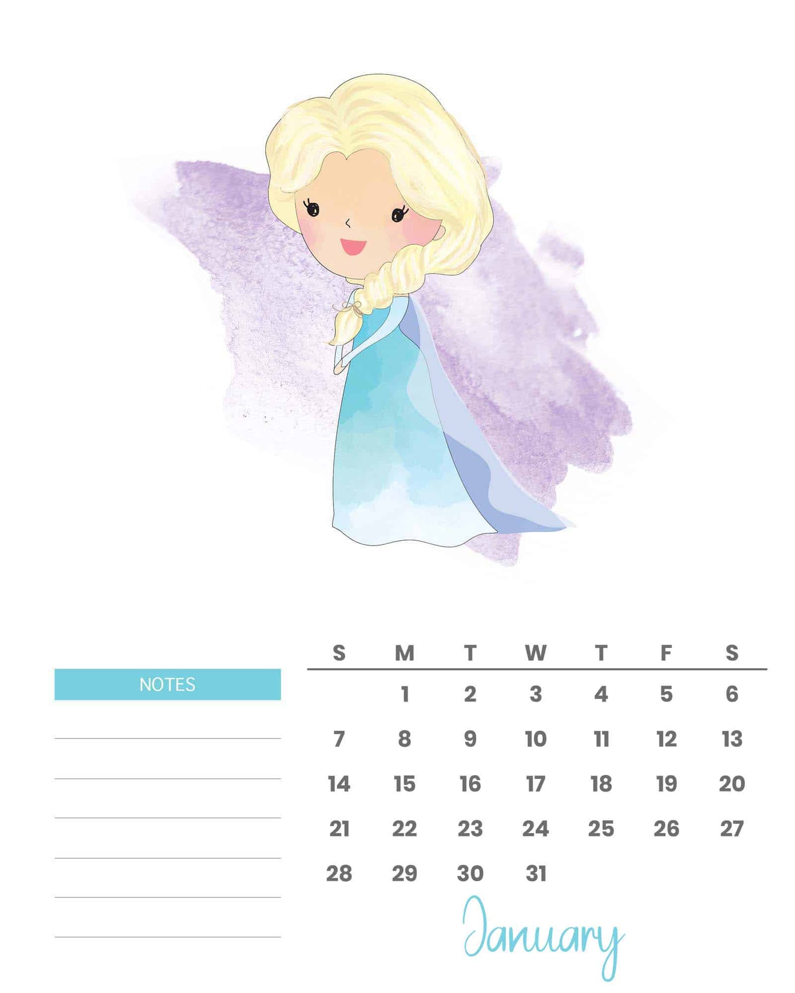 Free Printable 2024 Watercolor Princess Calendar - The Cottage Market within Free Printable Calendar 2024 Watercolor Princes