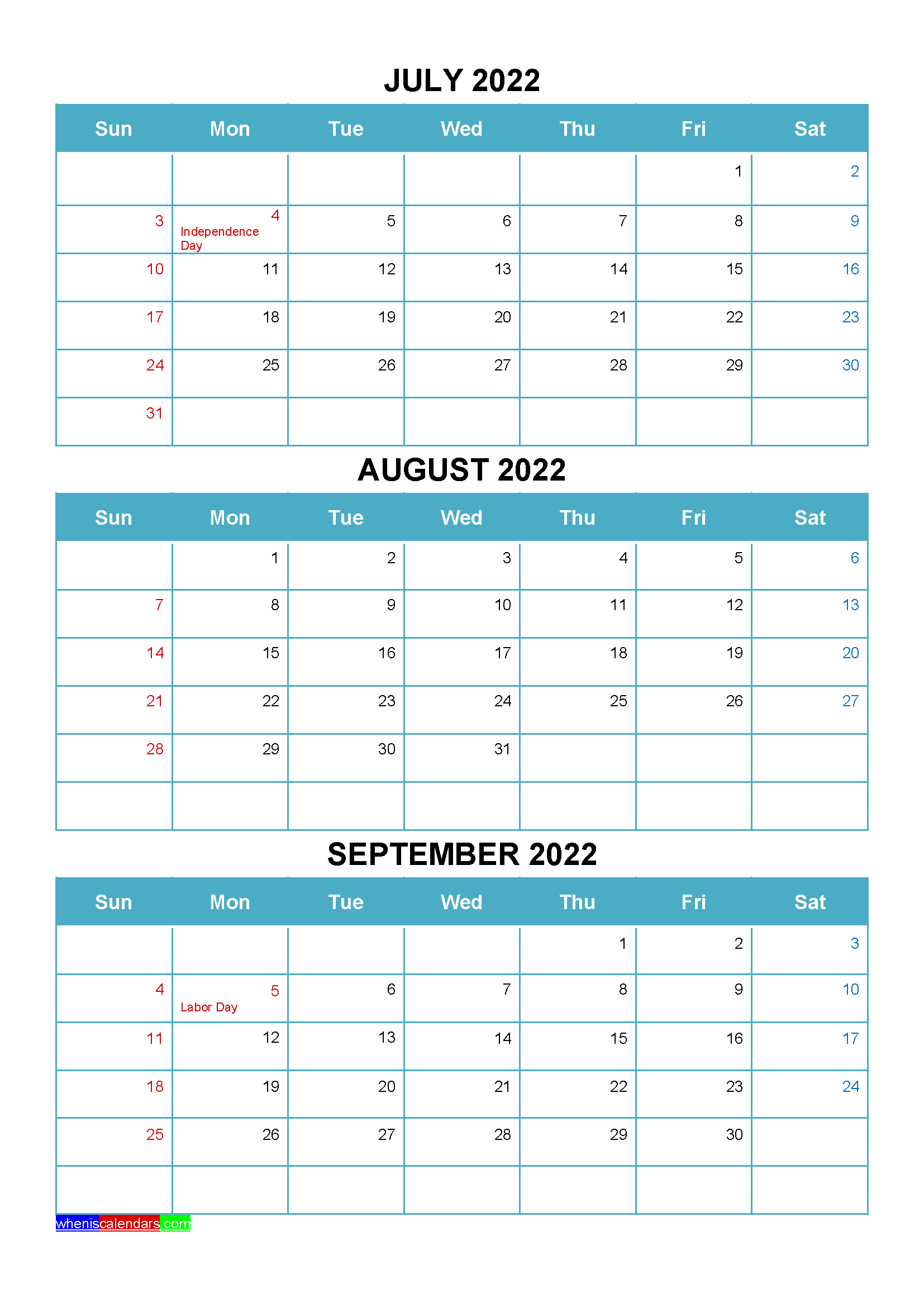 Free Printable 3 Month Calendar 2022 Vertical Design - Free Printable 3 Month Calendar July August & Sept 2024