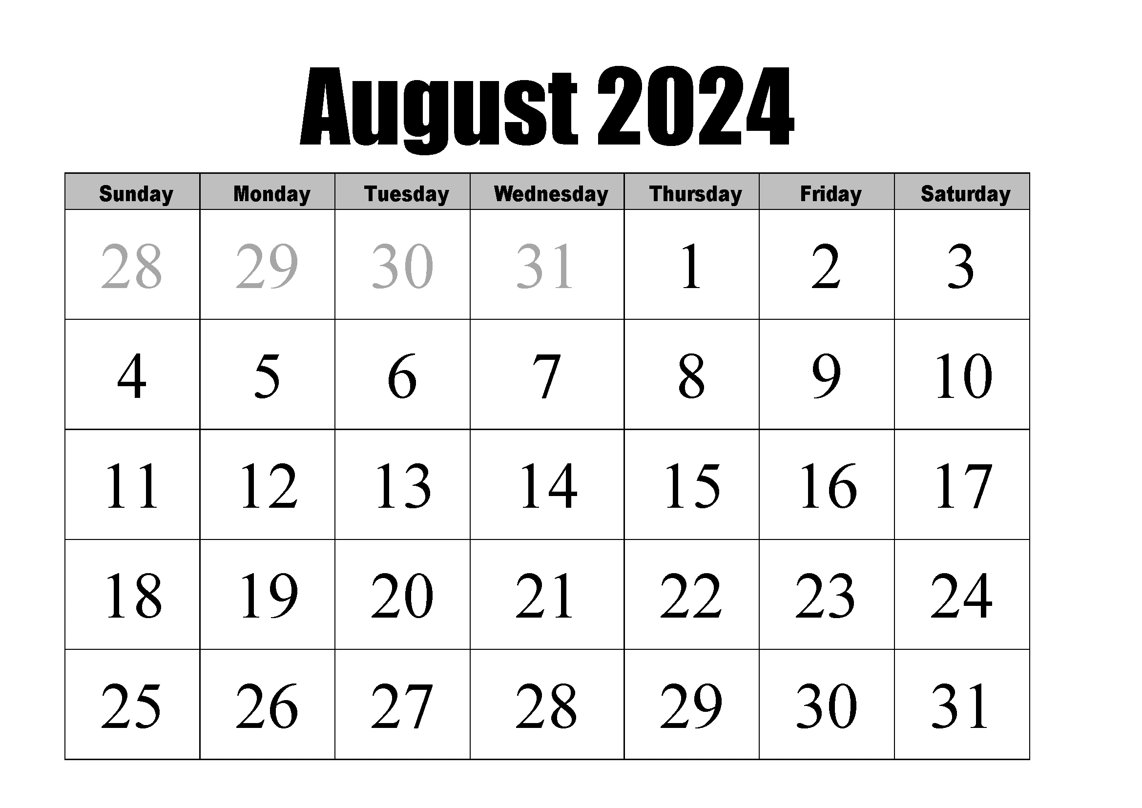 Free Printable August 2024 Calendar | Instant Download pertaining to Free Printable August 2024 Calendar Landscape
