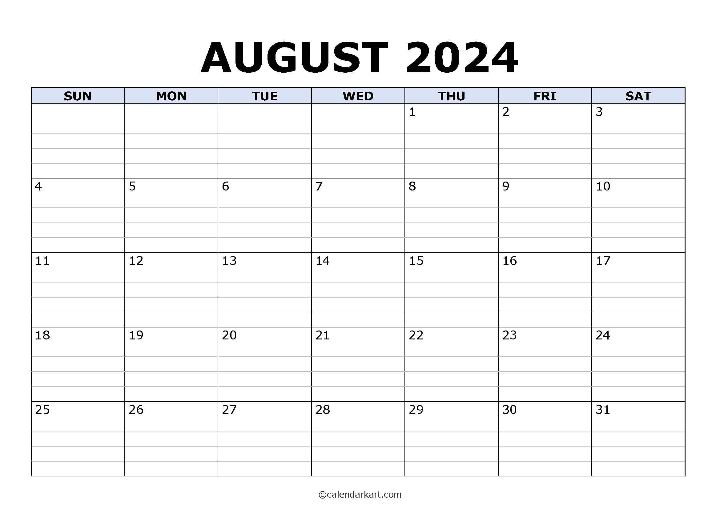 Free Printable August 2024 Calendars - Calendarkart inside Free Printable August 2024 Calendar With Lines