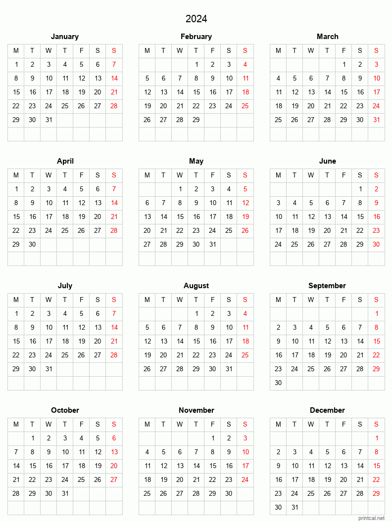 Free Printable Calendar Whole Year 2024 | Free Printable 2024 Yearly Calendar With Date Boxes