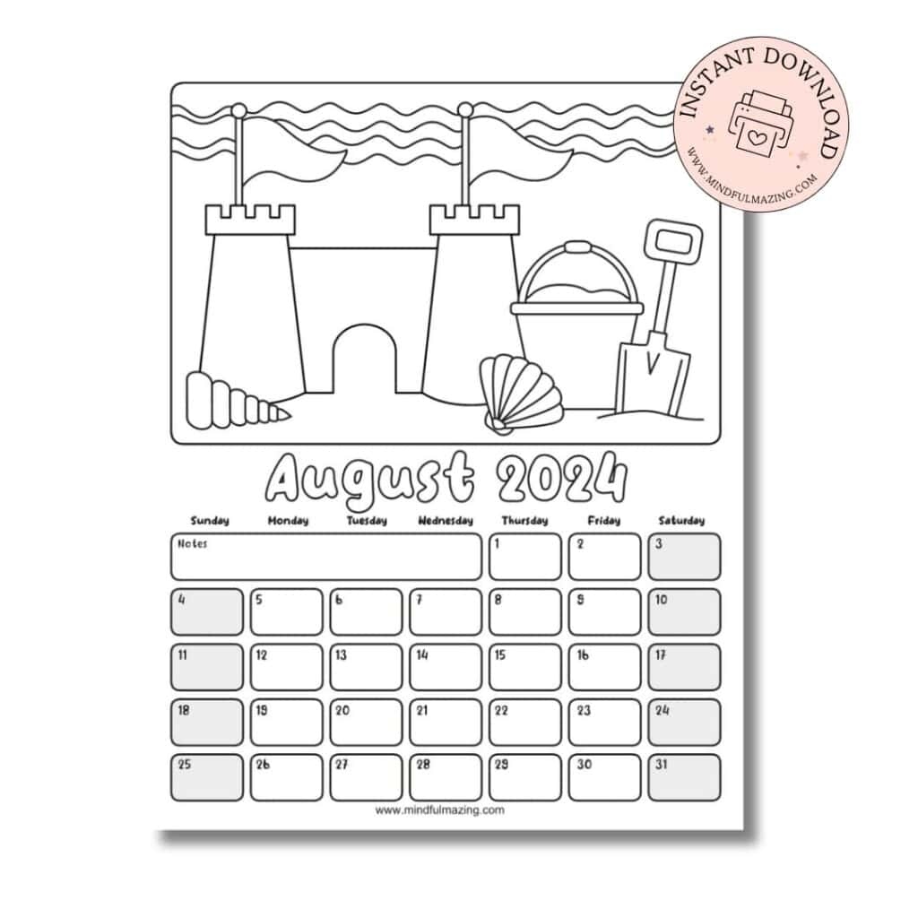 Free Printable Coloring Calendar For Kids In 2024 • Mindfulmazing throughout Free Printable August 2024 Calendar For Kids