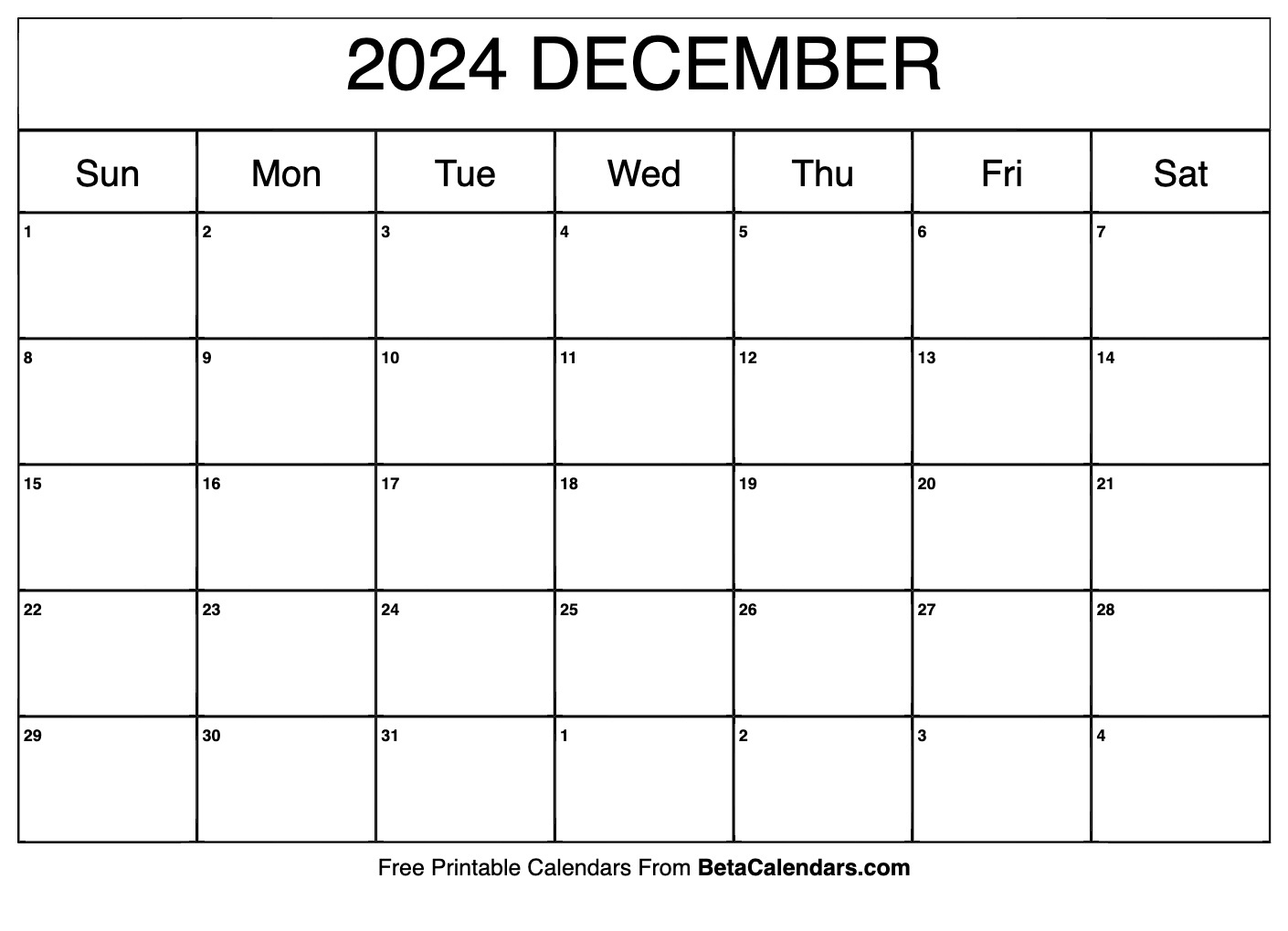 Free Printable December 2024 Calendar throughout Free Printable Blank December Calendar 2024