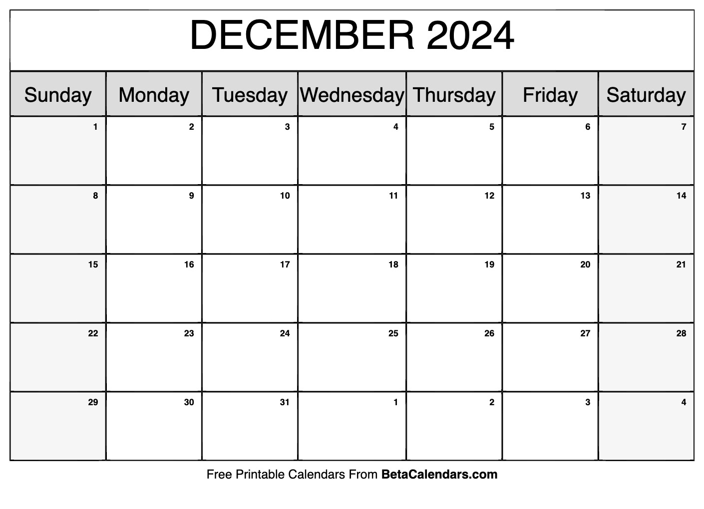 Free Printable December 2024 Calendar within Free Printable Blank Calendar December 2024