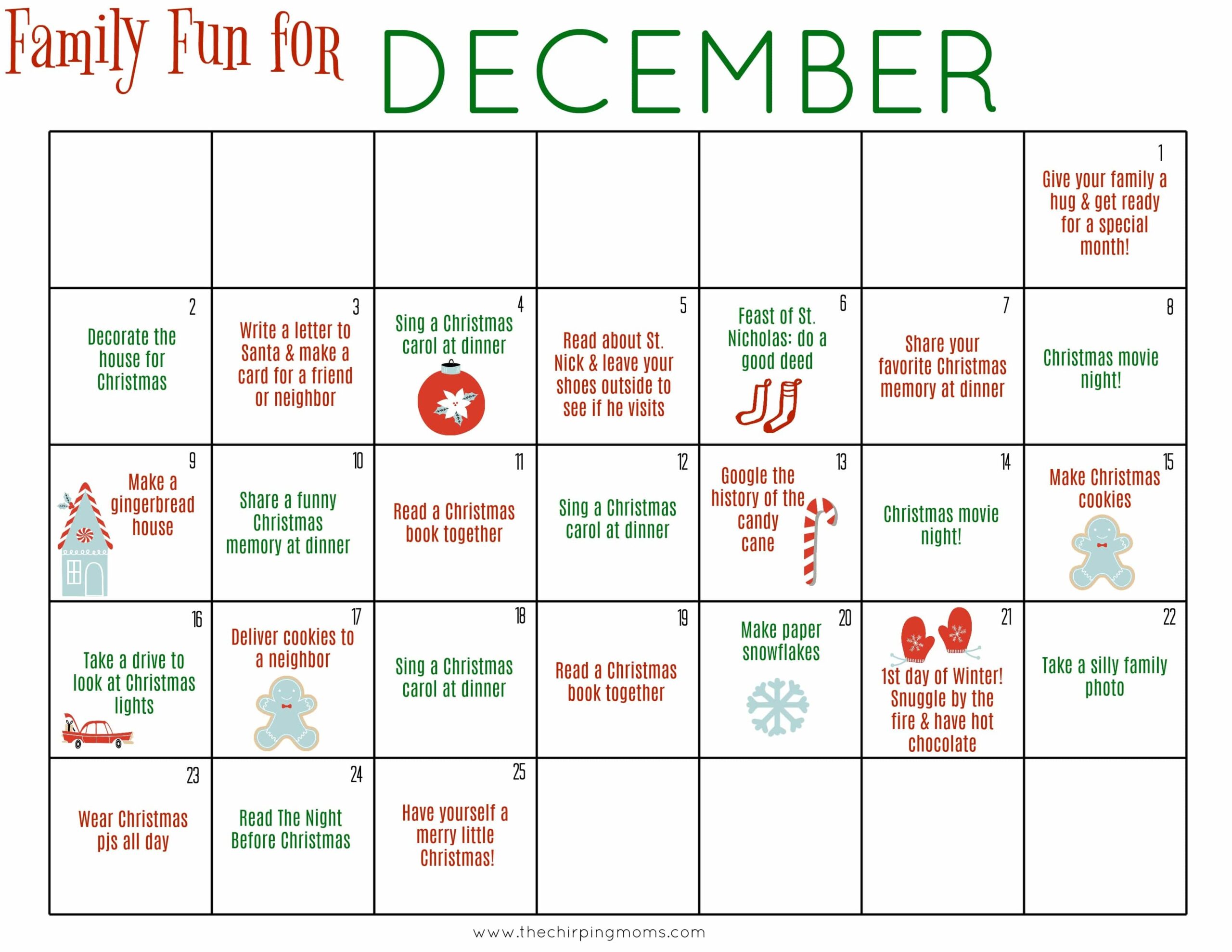 Free Printable December Family Calendar The Chirping Moms - Free Printable 2024 December Christmas Calendar