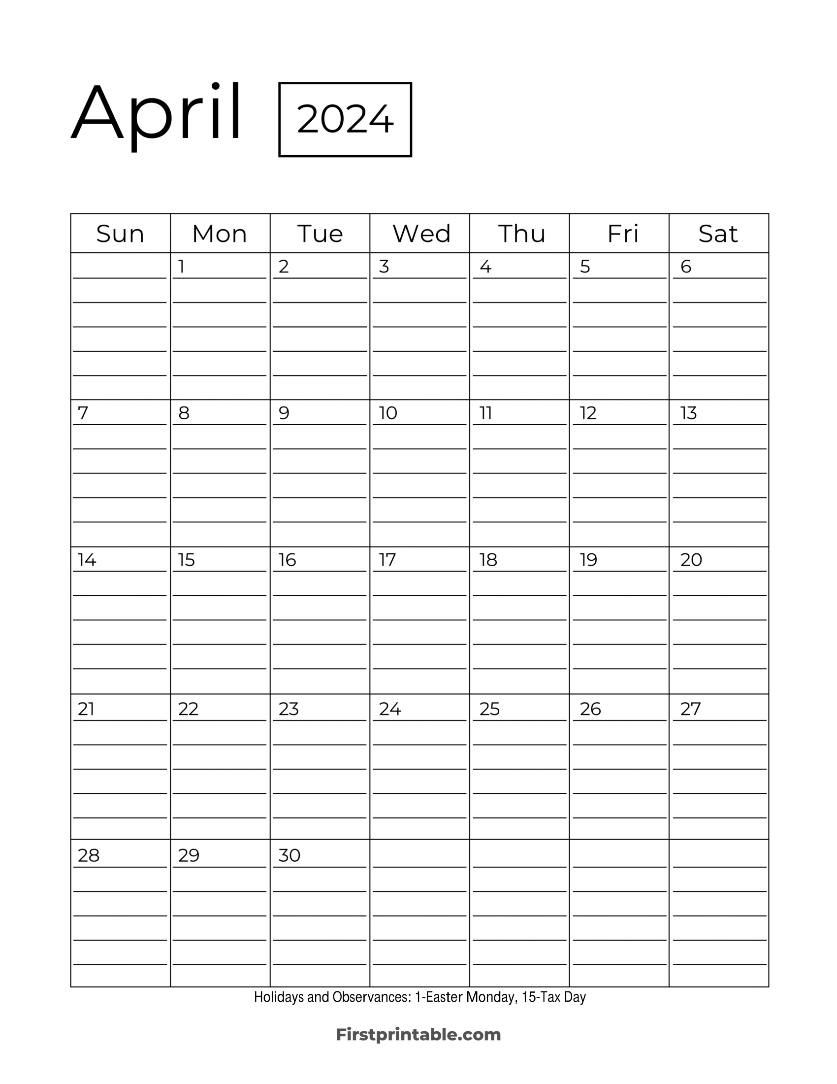 Free Printable &amp;amp; Fillable April Calendar 2024 throughout Free Printable April 2024 Calendar With Lines