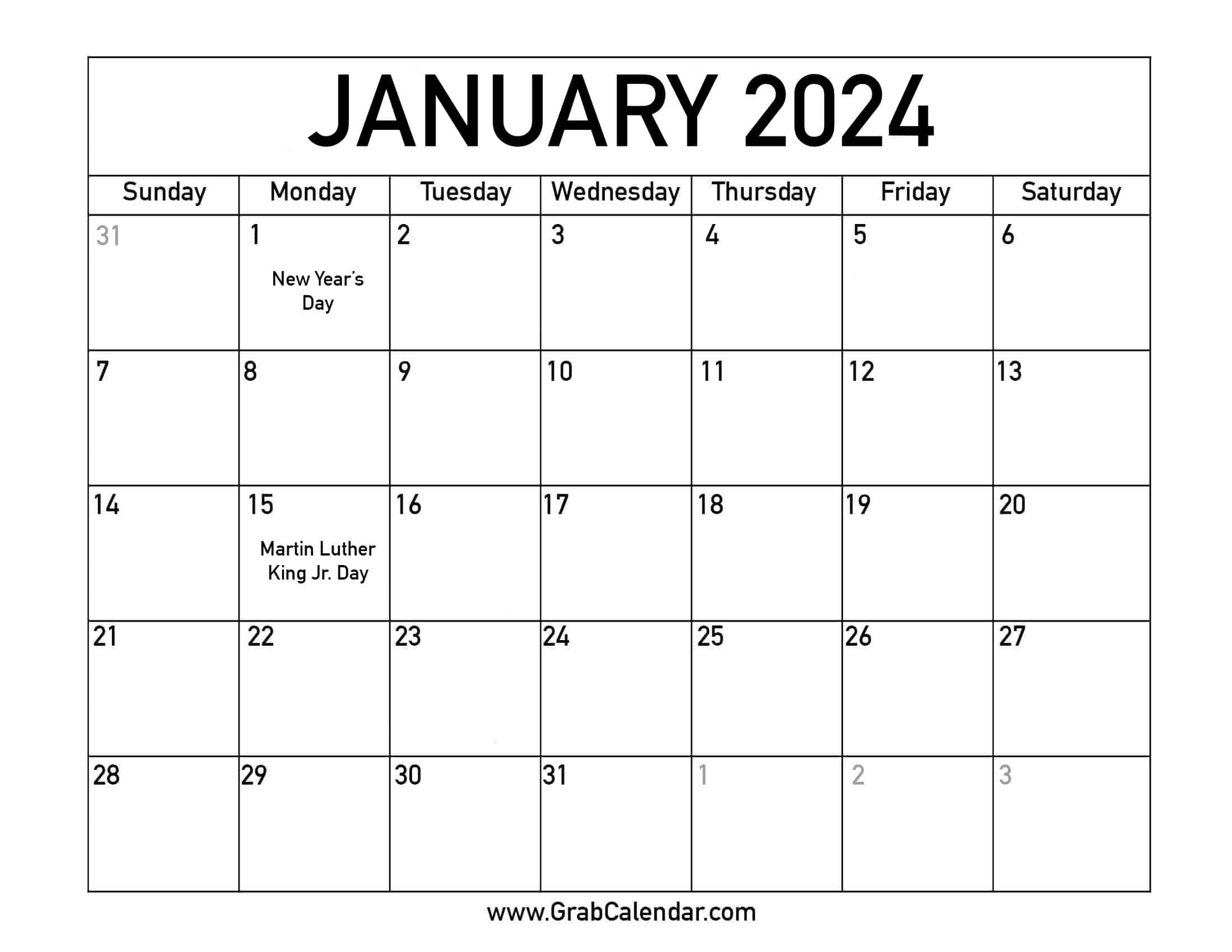 Free Printable January 2024 Calendar With Holidays Pdf Printable - Free Printable 2024 January Calendar