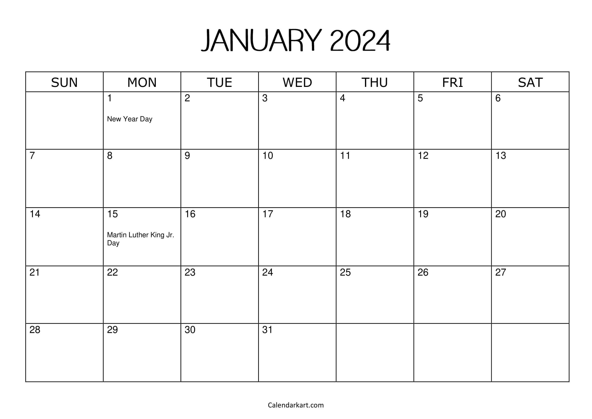 Free Printable January 2024 Calendars - Calendarkart in Free Printable Calendar 2024 By Month With Holidays